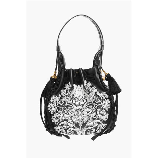 Embroidered Leather Bucket Bag with Tassels