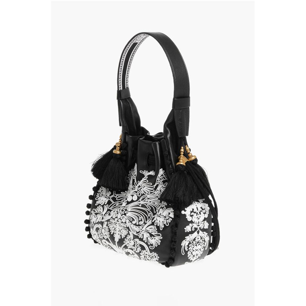 Embroidered Leather Bucket Bag with Tassels