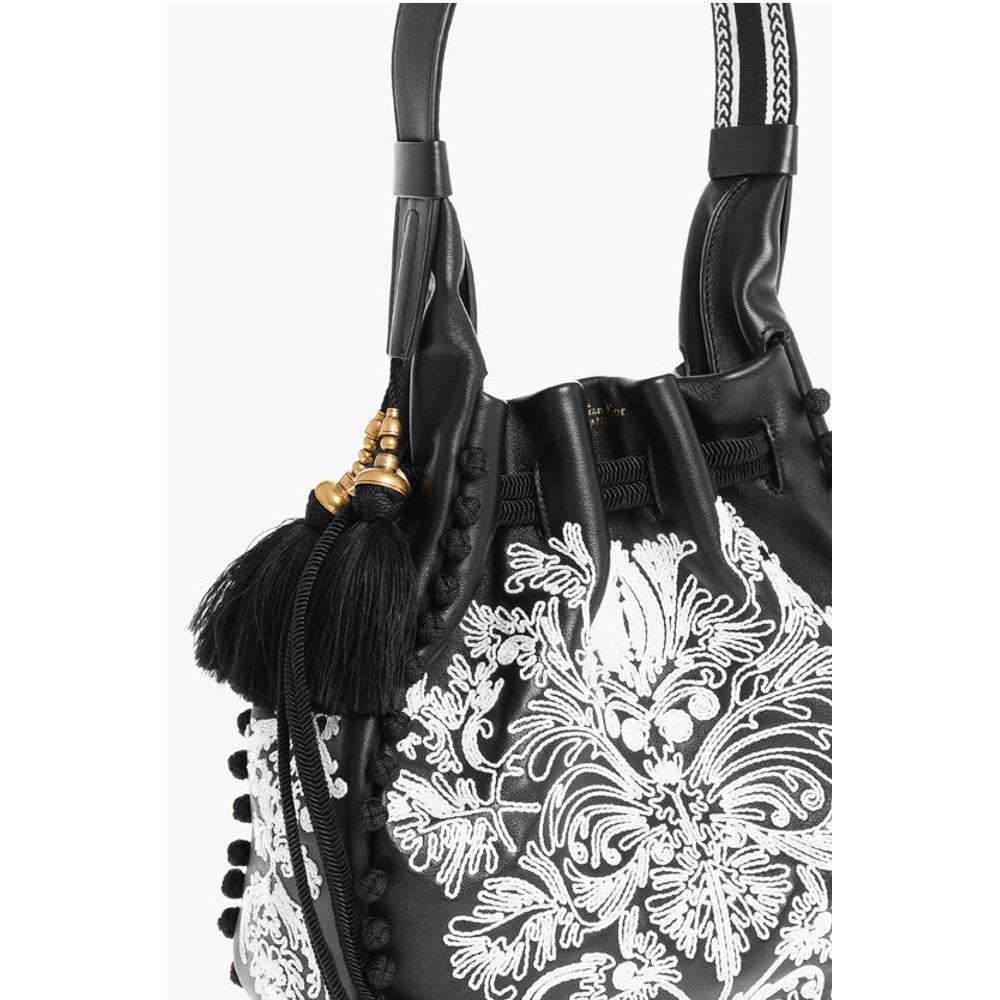 Embroidered Leather Bucket Bag with Tassels