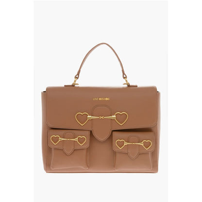 LOVE Faux Leather Handle Bag with Pockets and Clamp Front