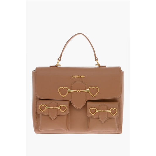 LOVE Faux Leather Handle Bag with Pockets and Clamp Front