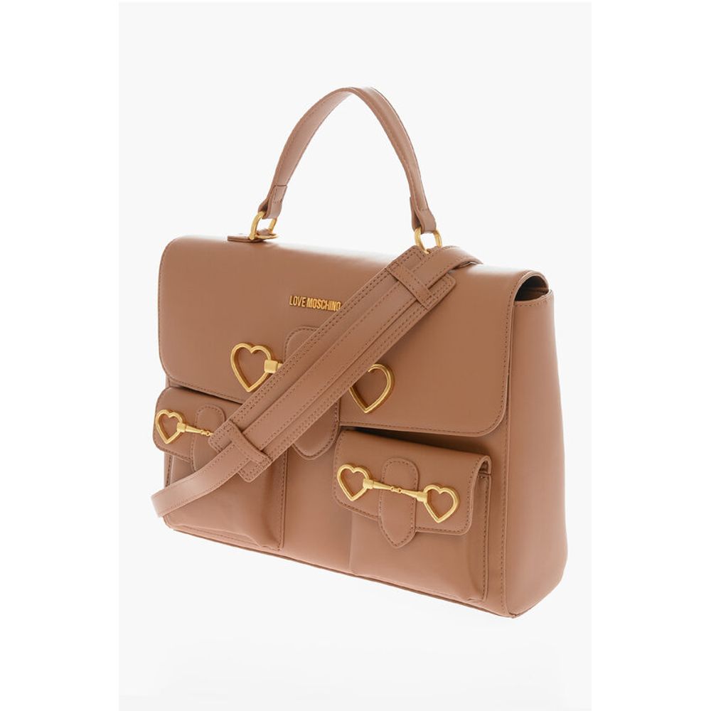 LOVE Faux Leather Handle Bag with Pockets and Clamp Front