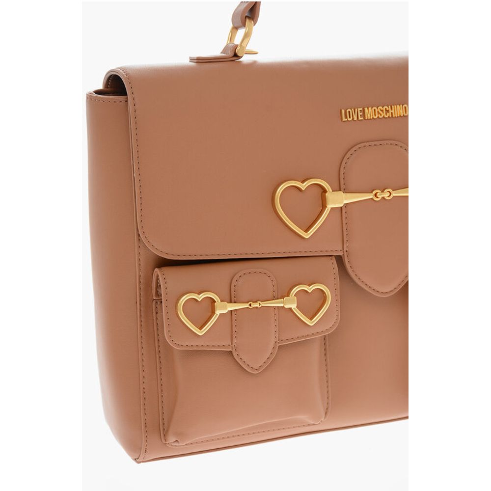 LOVE Faux Leather Handle Bag with Pockets and Clamp Front