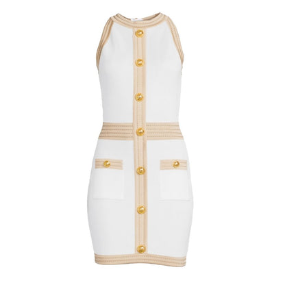 White Viscose Women Dress with Faux Gold Buttons
