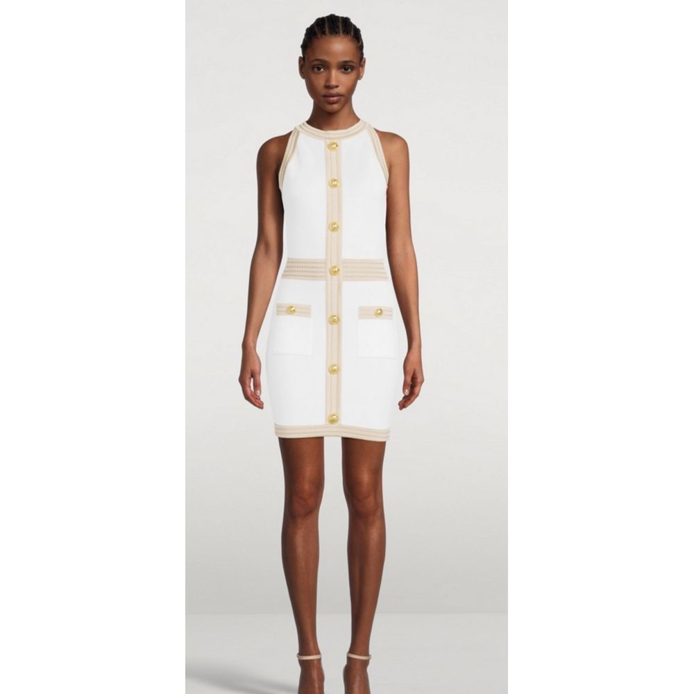 White Viscose Women Dress with Faux Gold Buttons