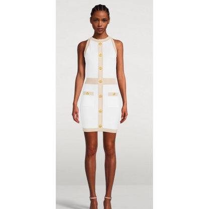 White Viscose Women Dress with Faux Gold Buttons