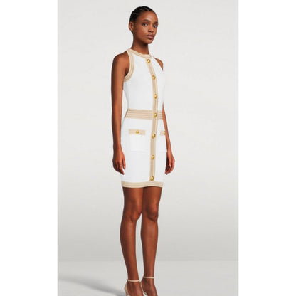 White Viscose Women Dress with Faux Gold Buttons