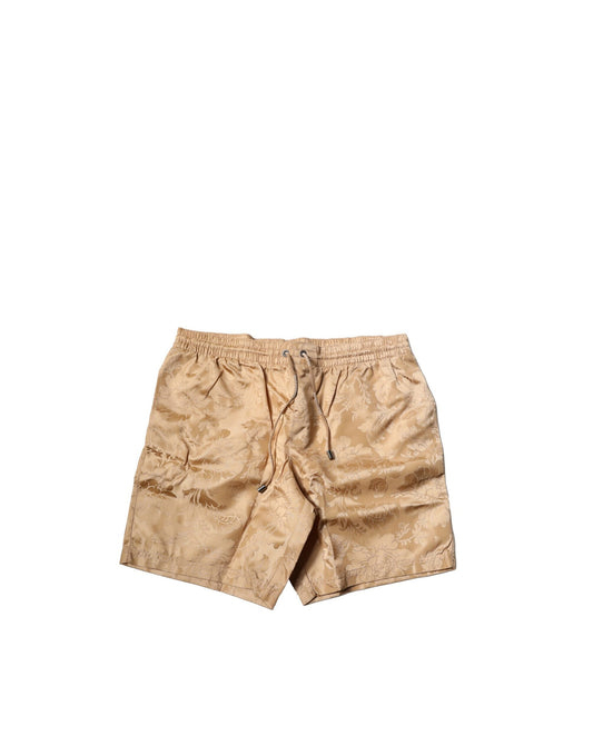 Brown Floral Jacquard Beachwear Shorts Swimwear