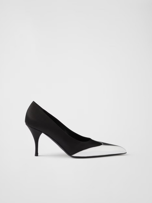 Black Satin And Metallic Silver Leather Pumps