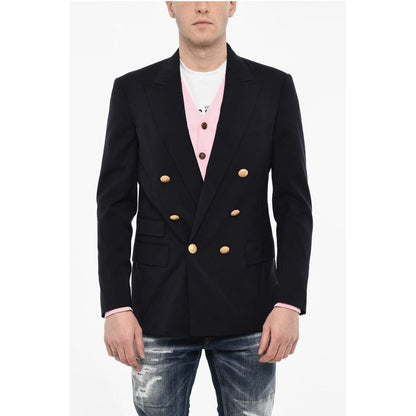 Flap Pockets Double Breasted Blazer with Golden Effect Butto
