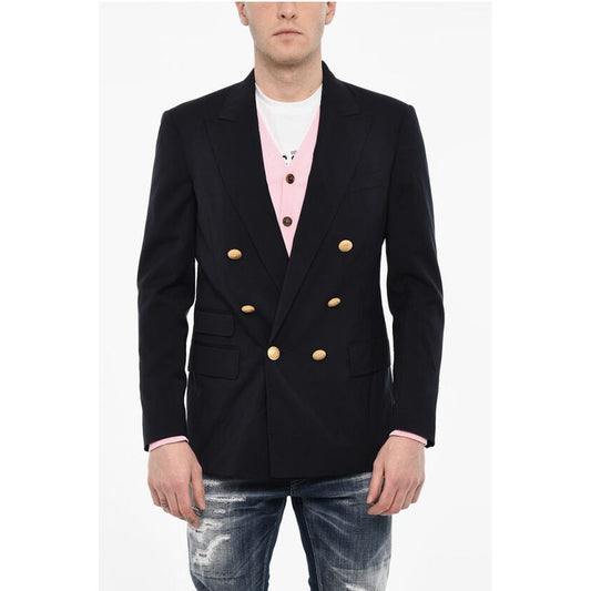 Flap Pockets Double Breasted Blazer with Golden Effect Butto