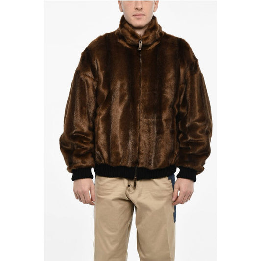 Vegan Fur Bomber With Faux-Leather Logo