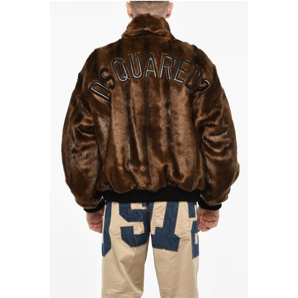 Vegan Fur Bomber With Faux-Leather Logo