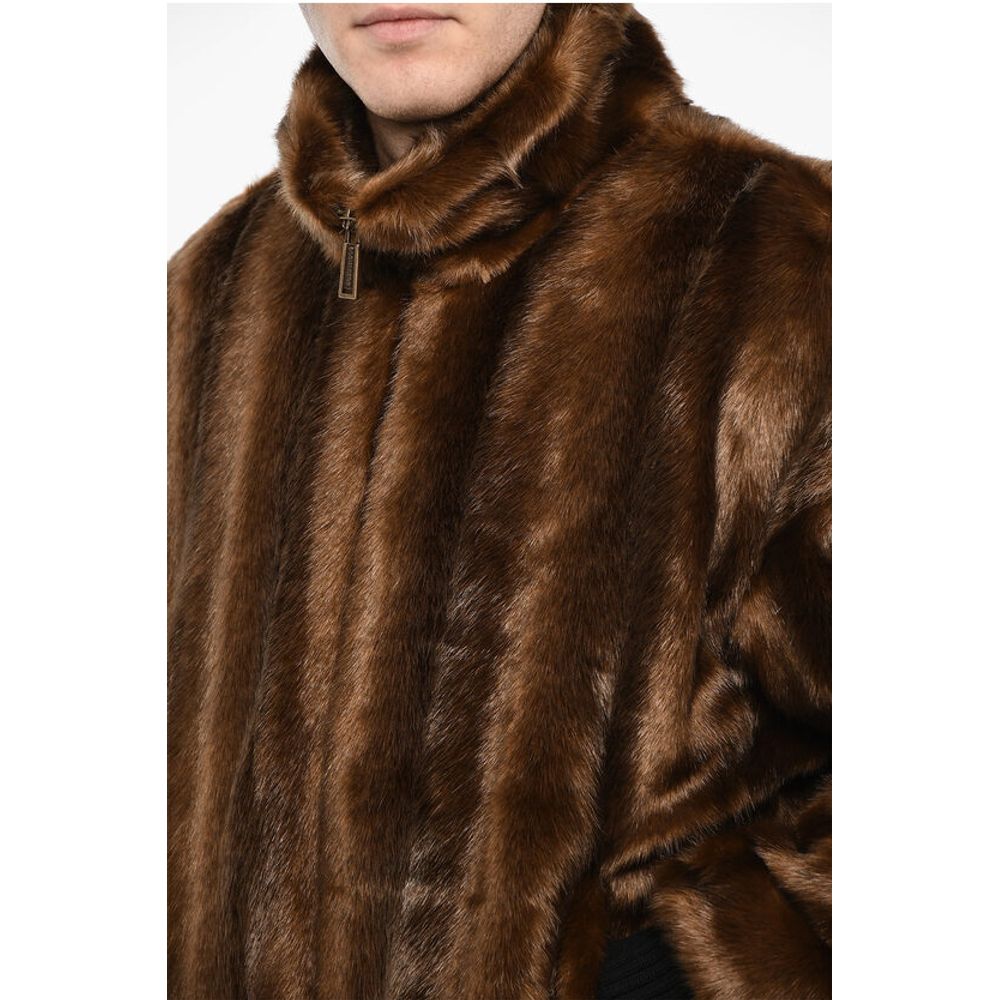 Vegan Fur Bomber With Faux-Leather Logo