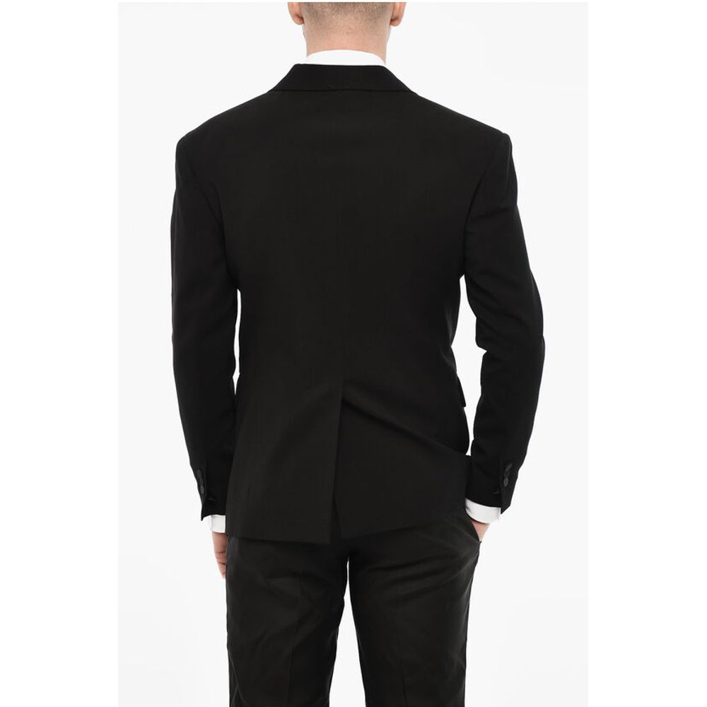Wool Blend Double Breasted Blazer With Satin Peak Lapel
