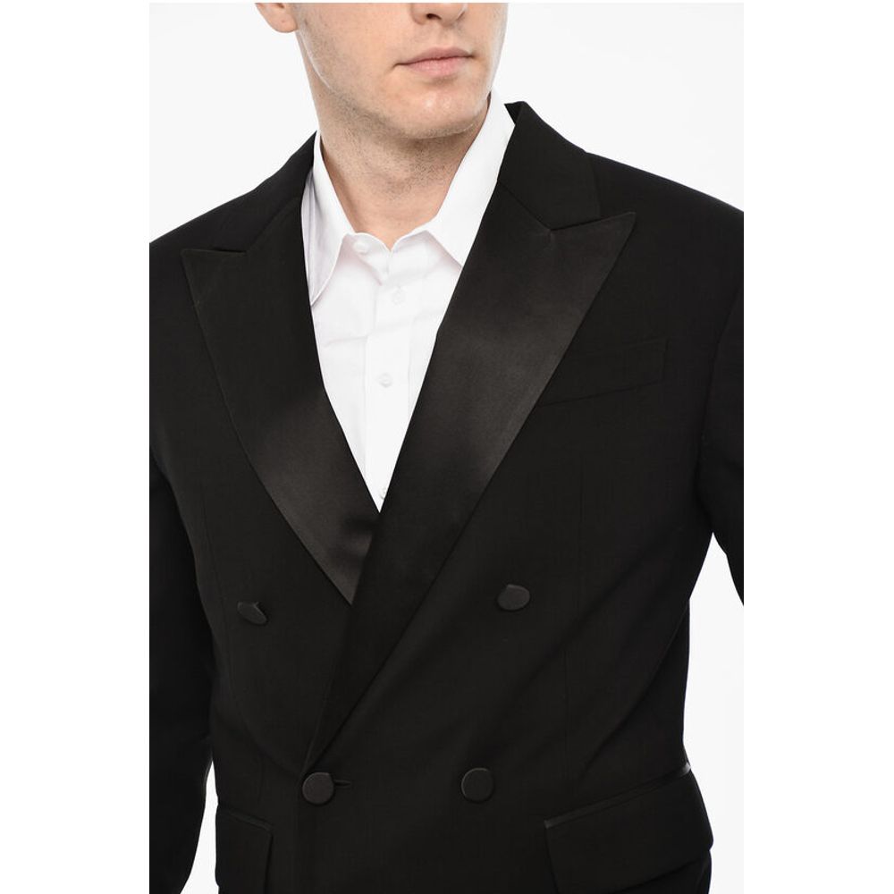 Wool Blend Double Breasted Blazer With Satin Peak Lapel