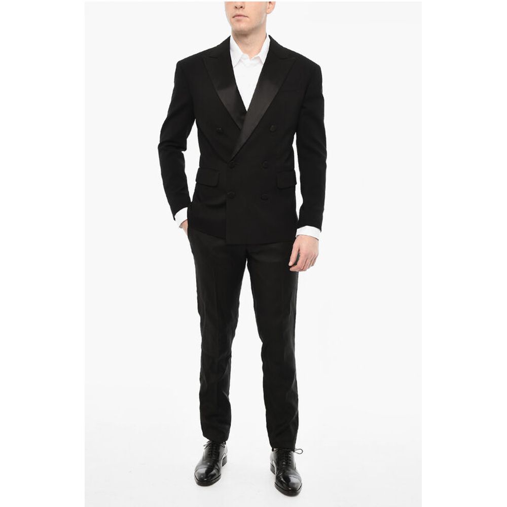 Wool Blend Double Breasted Blazer With Satin Peak Lapel