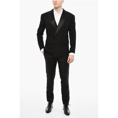Wool Blend Double Breasted Blazer With Satin Peak Lapel