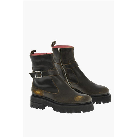Vintage Effect Leather Combat Boots With Buckle