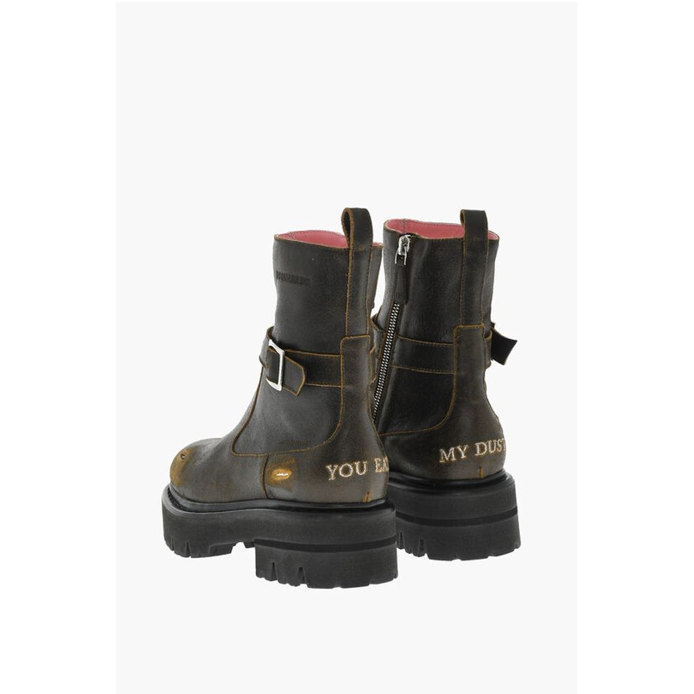 Vintage Effect Leather Combat Boots With Buckle