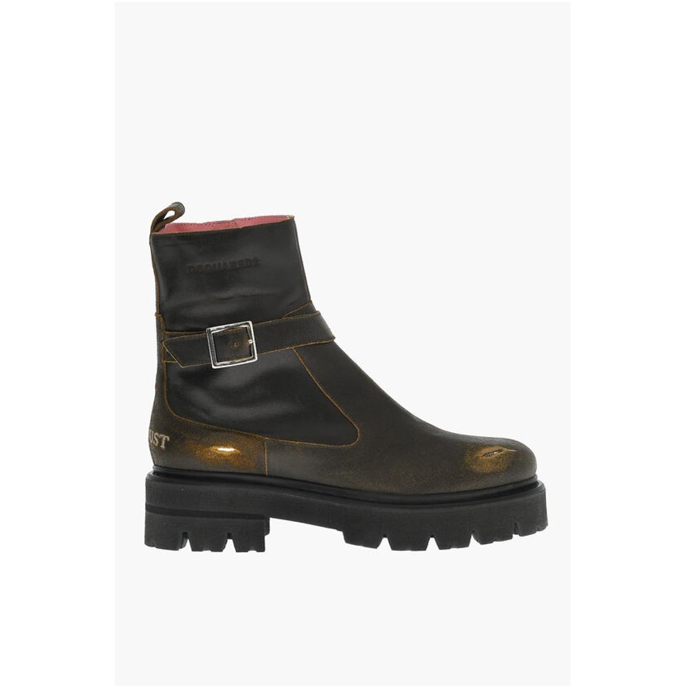 Vintage Effect Leather Combat Boots With Buckle
