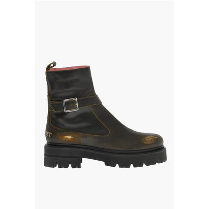 Vintage Effect Leather Combat Boots With Buckle