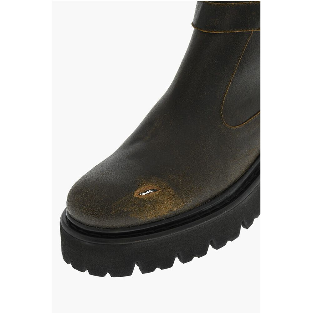 Vintage Effect Leather Combat Boots With Buckle