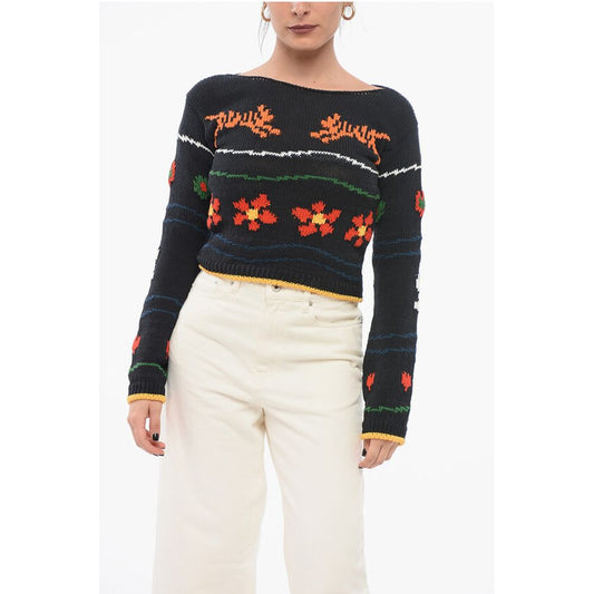 Jacquard Cotton Blend Crop Sweater