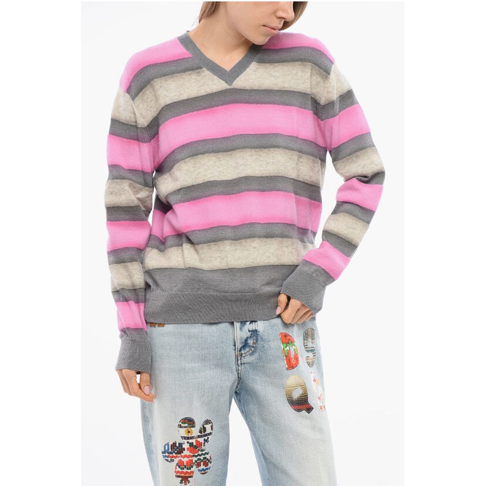 Balanced Stripe Wool Blend Sweater with V Neck