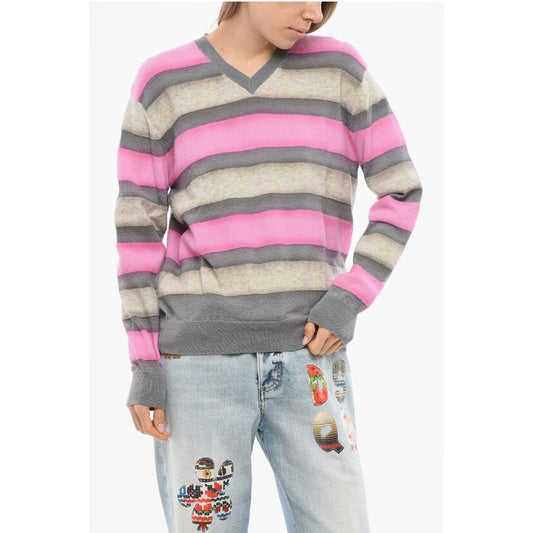 Balanced Stripe Wool Blend Sweater with V Neck