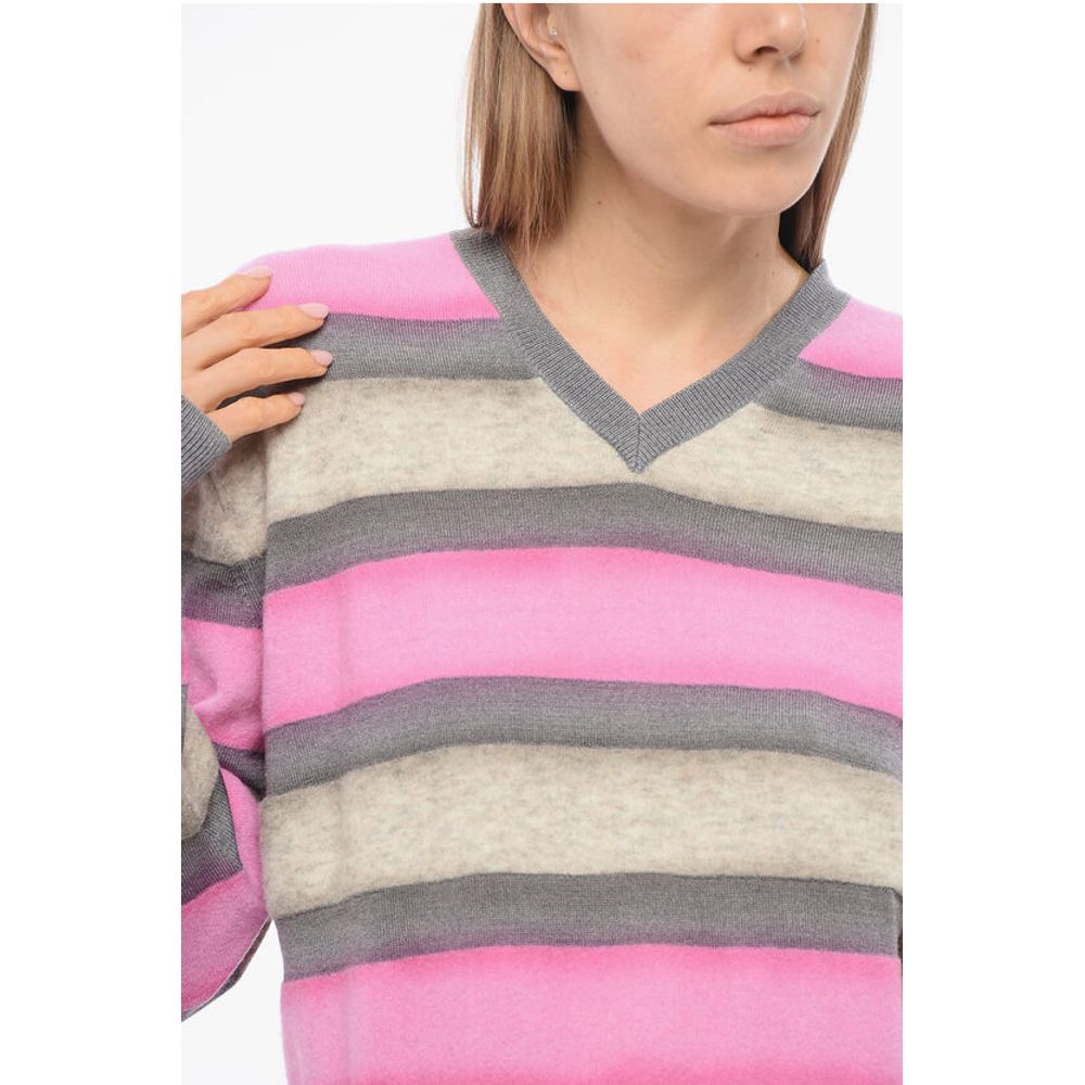 Balanced Stripe Wool Blend Sweater with V Neck