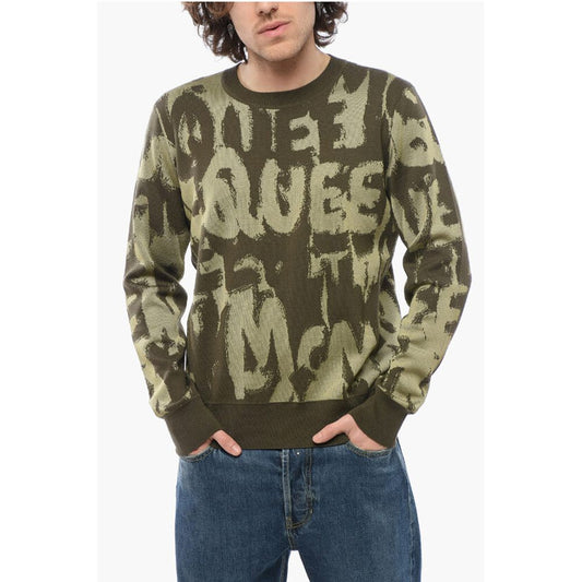 Crew Neck Wool Blend Sweater with All-Over Jacquard Logo