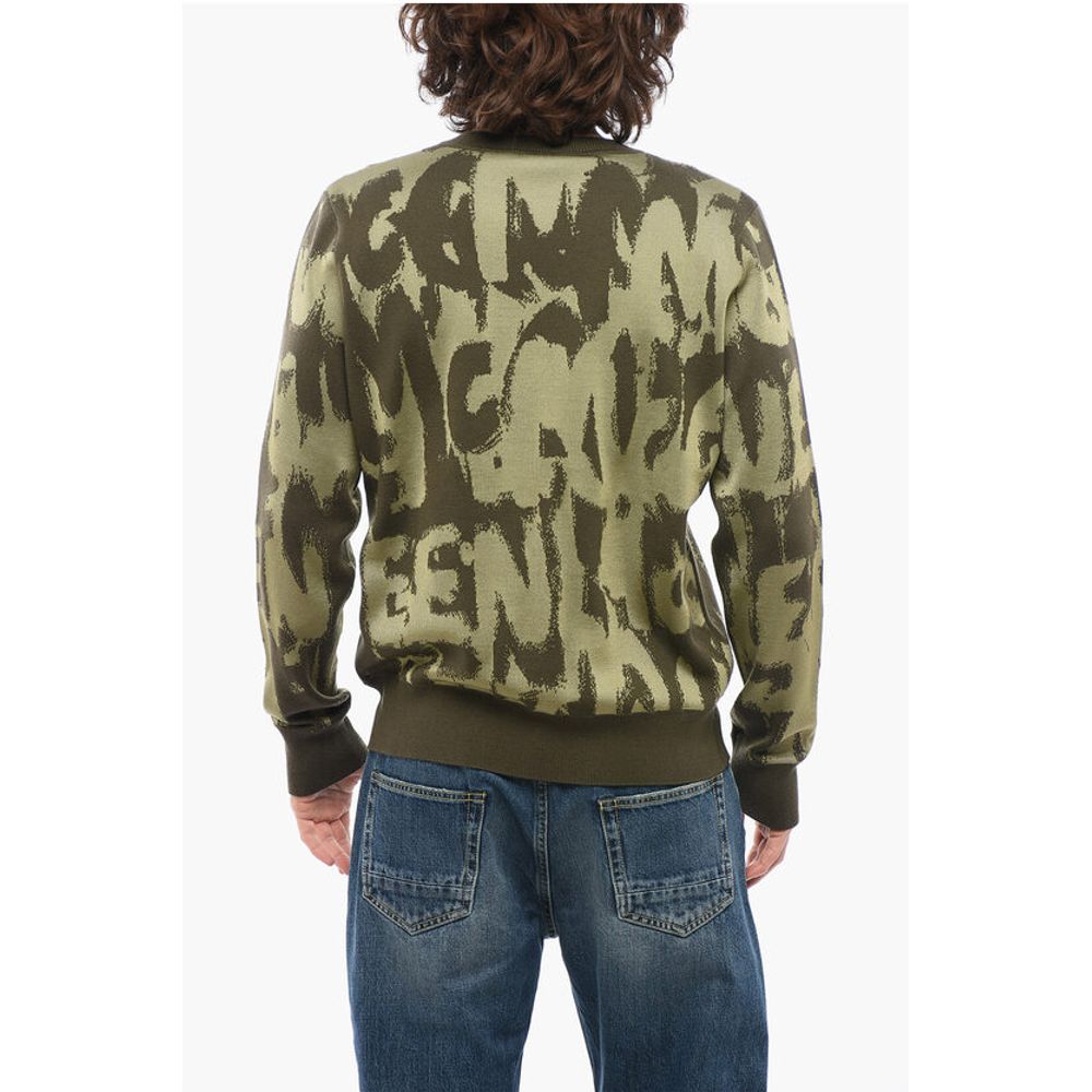 Crew Neck Wool Blend Sweater with All-Over Jacquard Logo