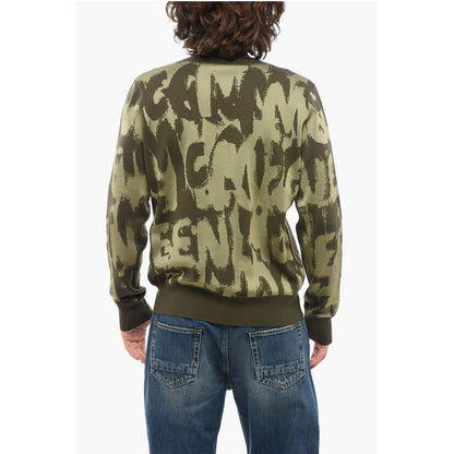 Crew Neck Wool Blend Sweater with All-Over Jacquard Logo