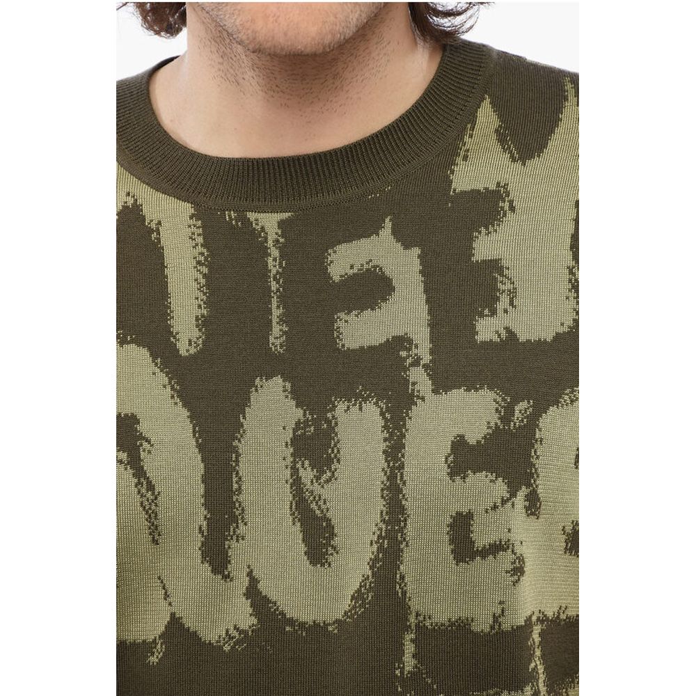 Crew Neck Wool Blend Sweater with All-Over Jacquard Logo