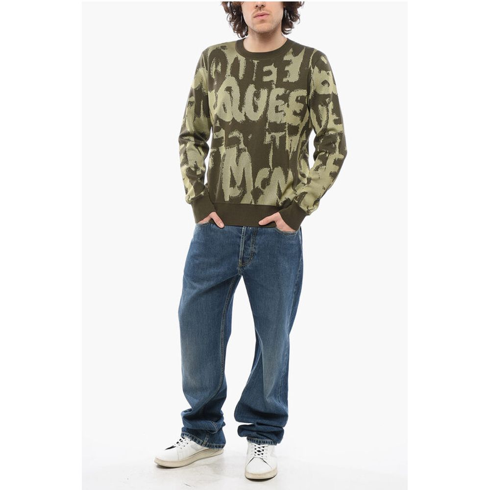 Crew Neck Wool Blend Sweater with All-Over Jacquard Logo