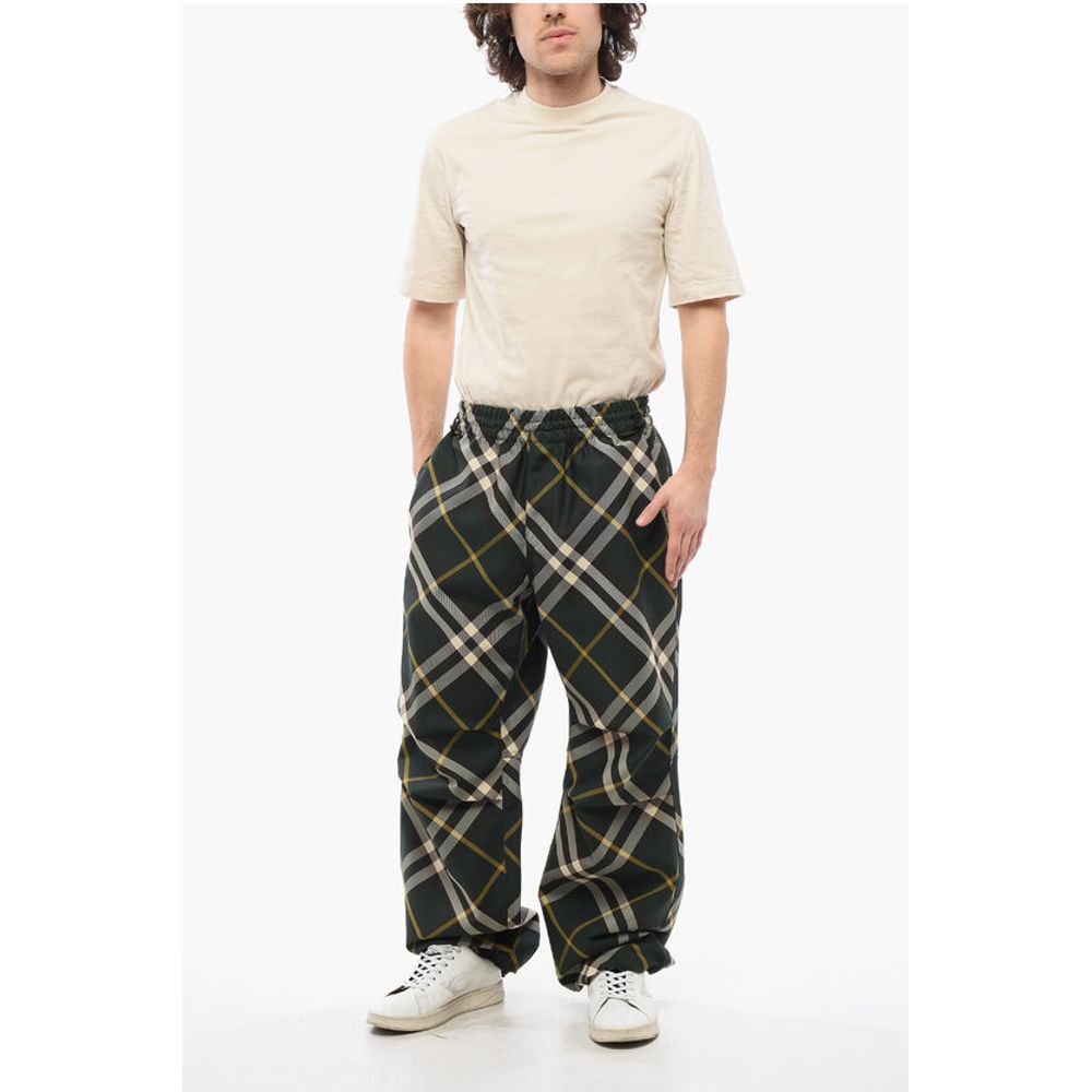 Tartan Patterned Nylon Sweatpants with Drawstringed Ankle