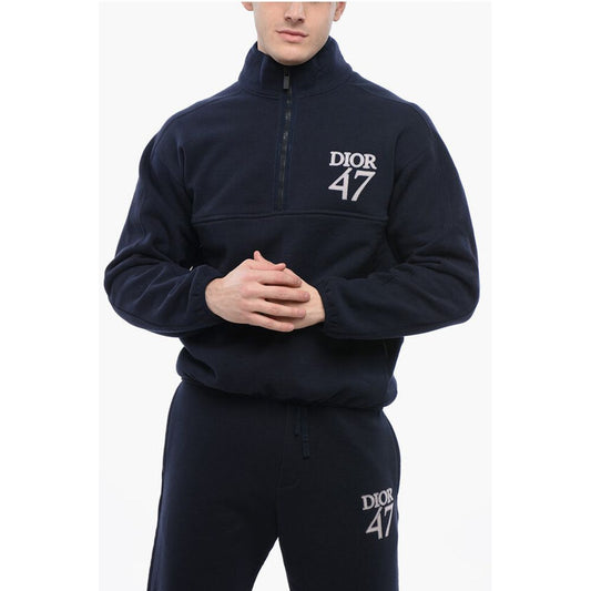 Mock Neck DIOR47 Fleeced Cotton Sweatshirt with Half Zip