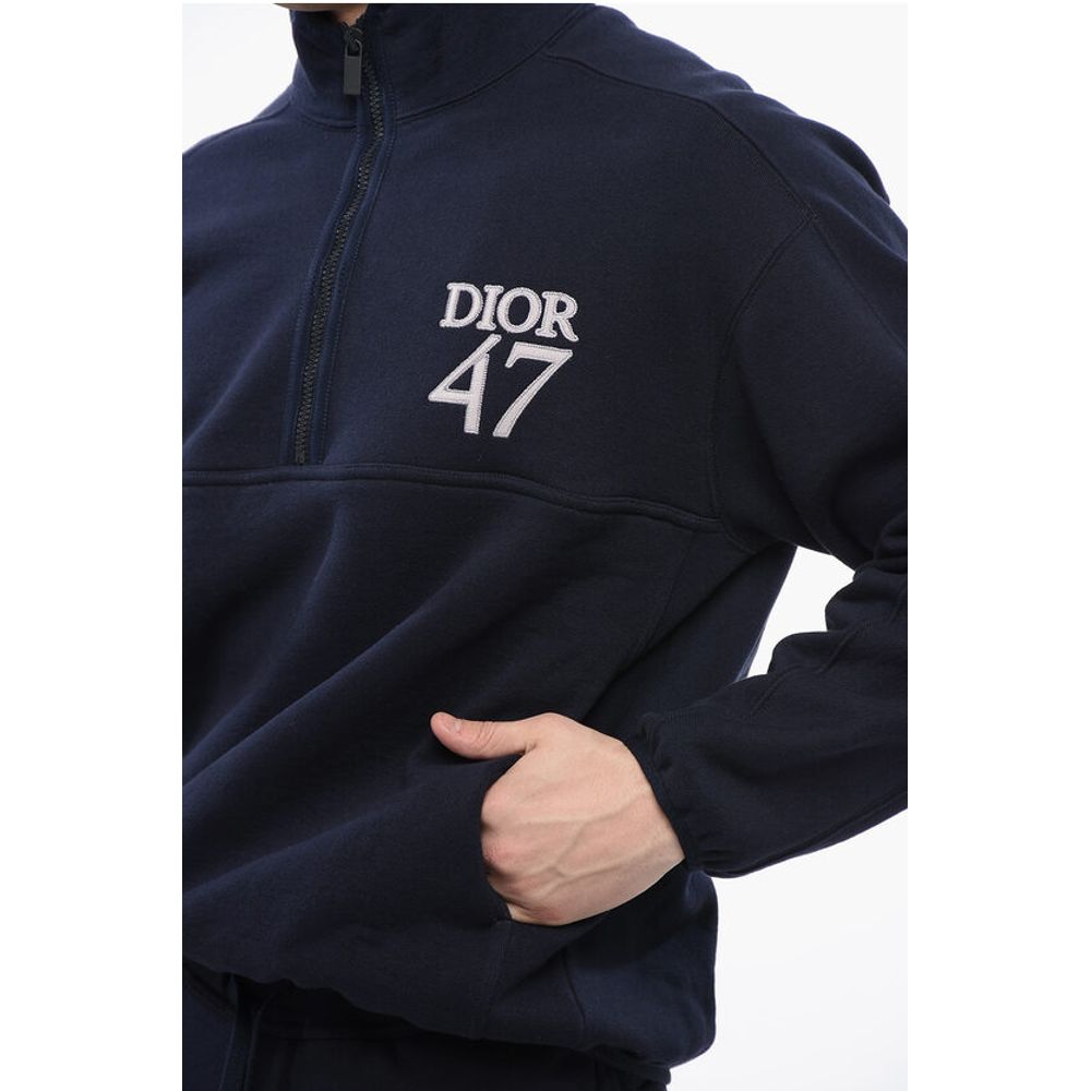 Mock Neck DIOR47 Fleeced Cotton Sweatshirt with Half Zip