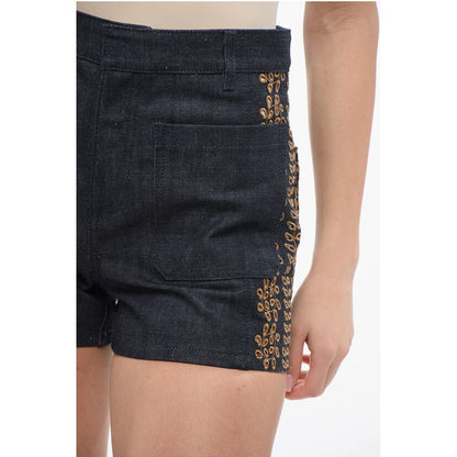 Dark Washed Denim Shorts with Embroideries