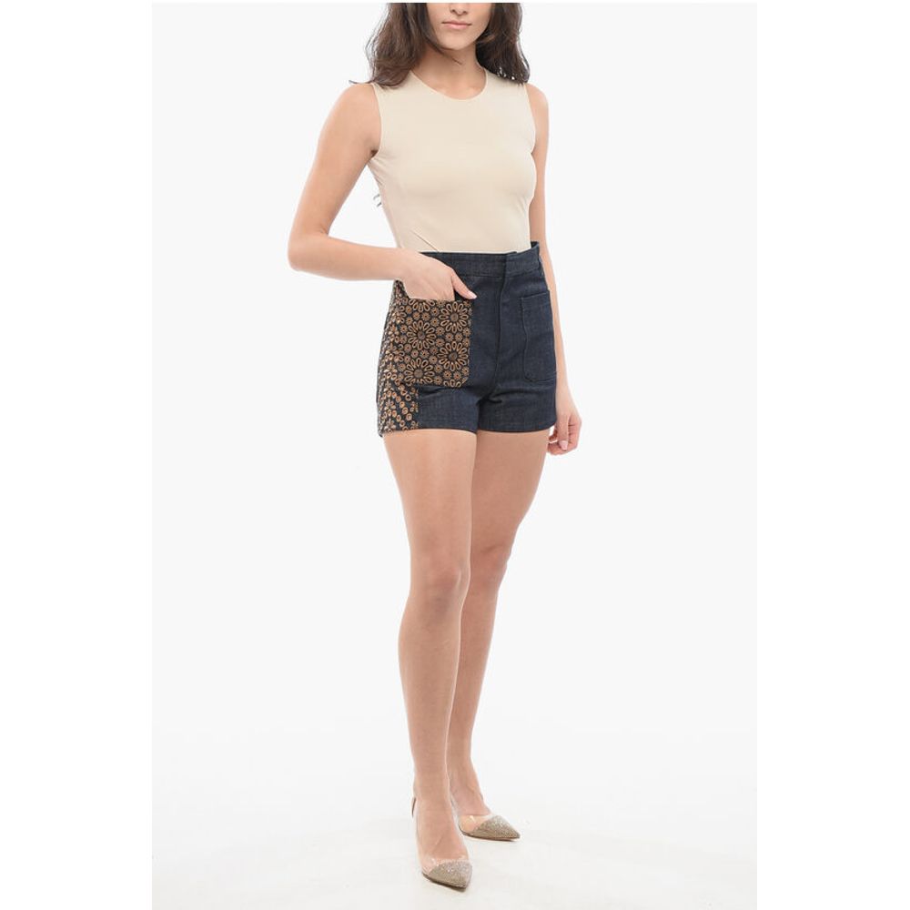 Dark Washed Denim Shorts with Embroideries