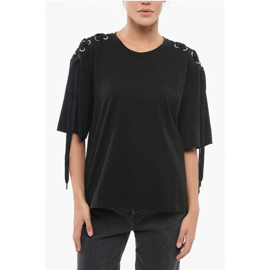 Cotton Crew-neck T-shirt with Lace Up Details
