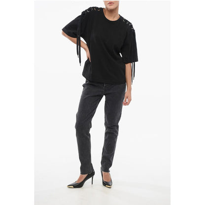 Cotton Crew-neck T-shirt with Lace Up Details