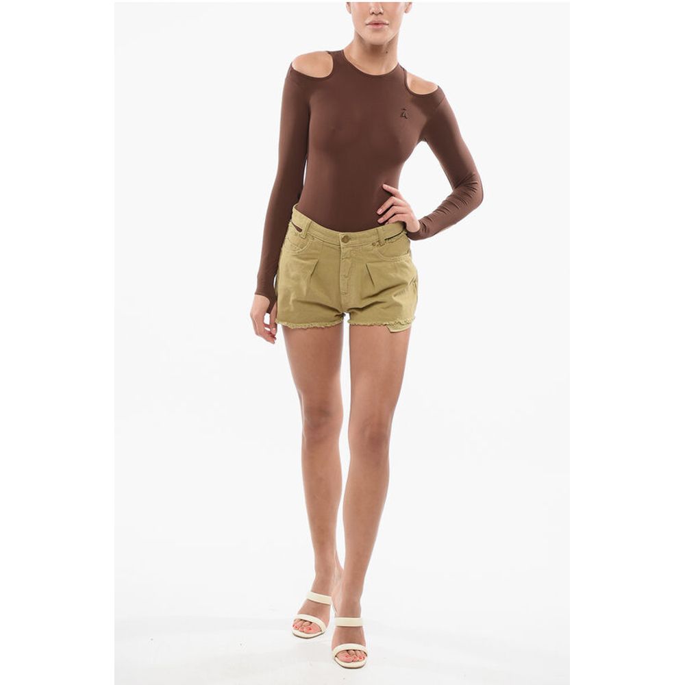 Frayed Hem Cotton Twill Single Pleat Shorts