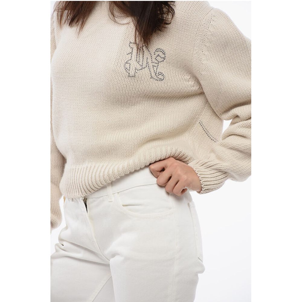 Wool Blend Crewneck Sweater With Studded Logo