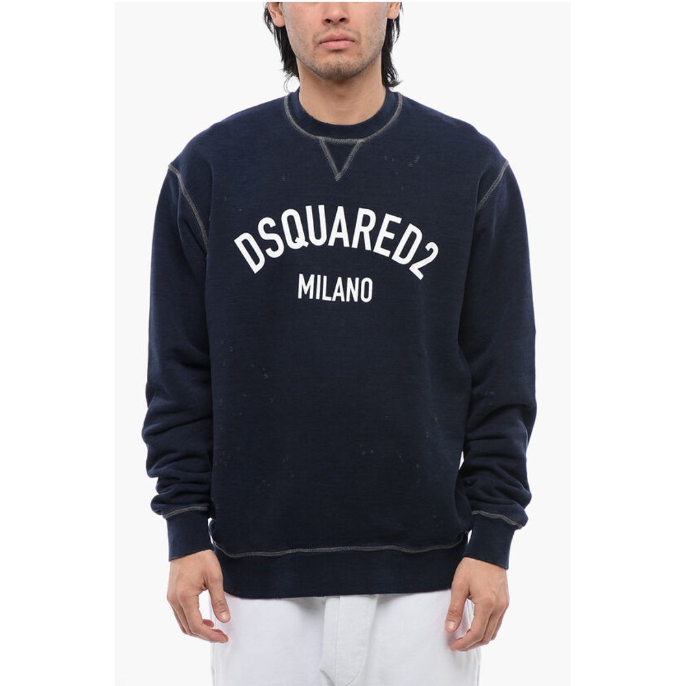 Distressed Effect Cool Fit Brushed Cotton Crewneck Sweater