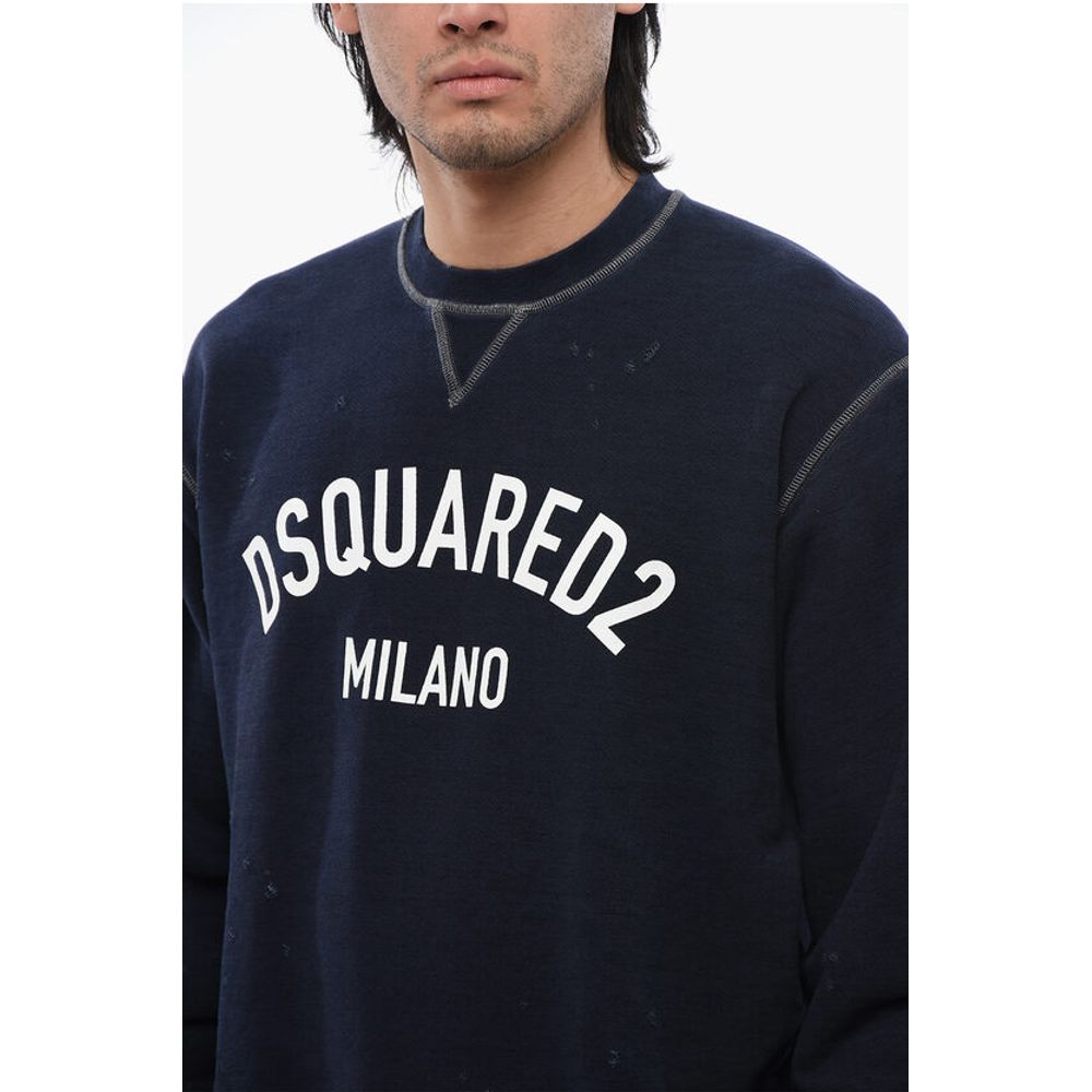 Distressed Effect Cool Fit Brushed Cotton Crewneck Sweater