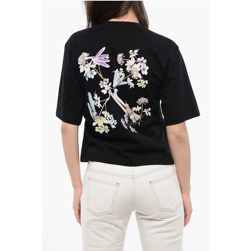 Cotton Crew-neck T-shirt with Back Floral-Motif