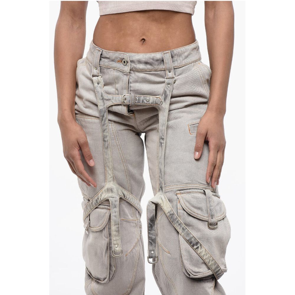 Bleached Effect Baggy Fit Cargo Pants with Harness-Style Det