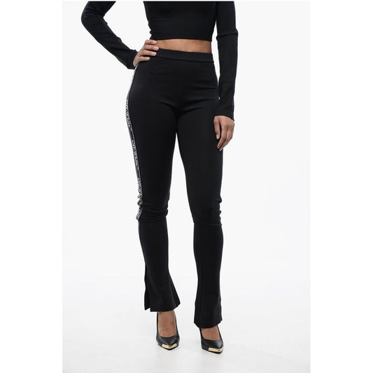 Solid Color Leggings with Side Logoed Band and Ankle Slit